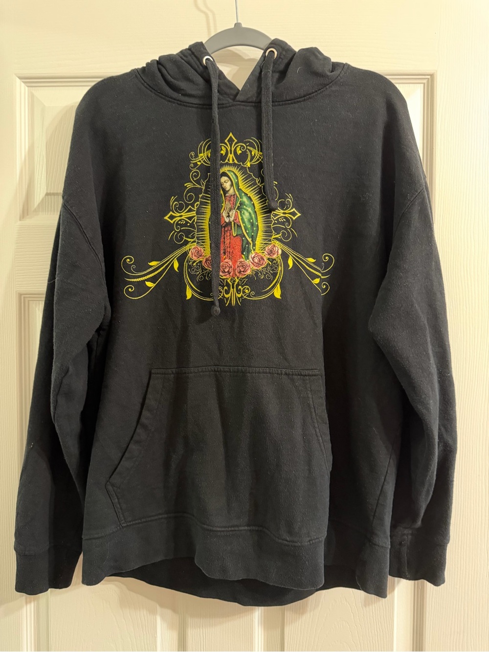 Men's Black Crewneck Hoodie with Colorful Devotional Graphic